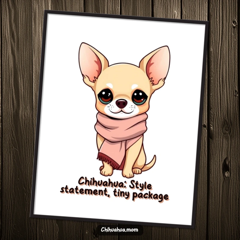 Funny Free Printable Wall Art of a sophisticated chihuahua sporting a chic scarf, looking dapper and exuding elegant humor.