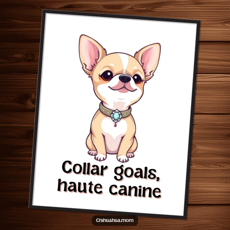 Funny Free Printable Wall Art: A proud chihuahua flaunting a tiny, glittering bejeweled collar, radiating confidence and style.