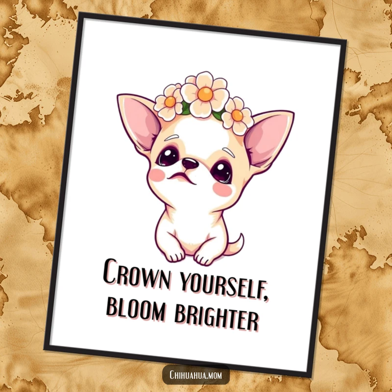 Funny Free Printable Wall Art depicting a charming chihuahua wearing a delicate flower crown, looking upwards with peaceful aspiration.
