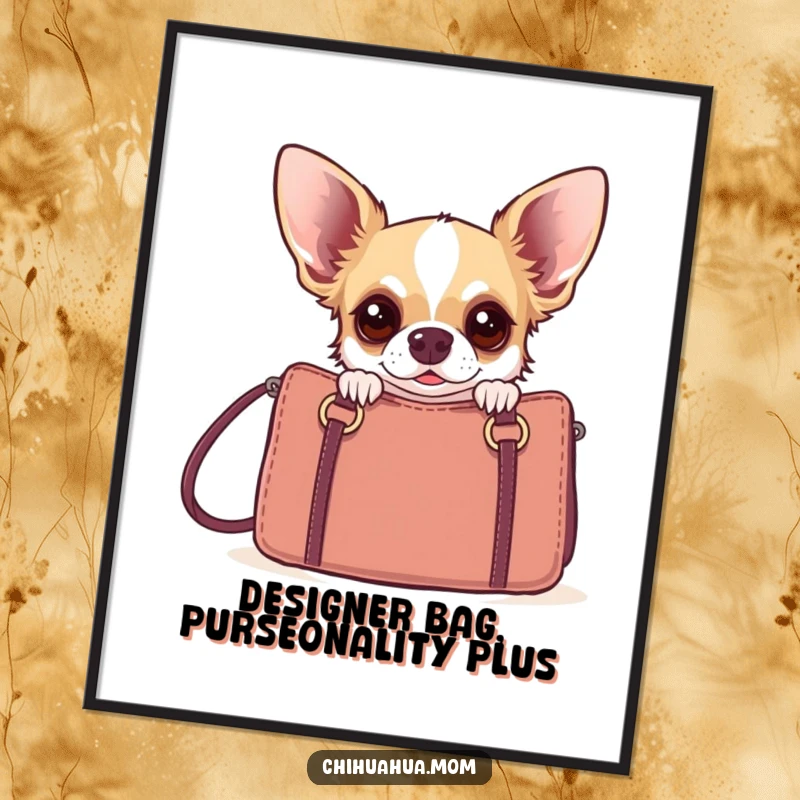 Funny Free Printable Wall Art: A tiny chihuahua with wide eyes peeking from a chic designer handbag, adding humor to decor.