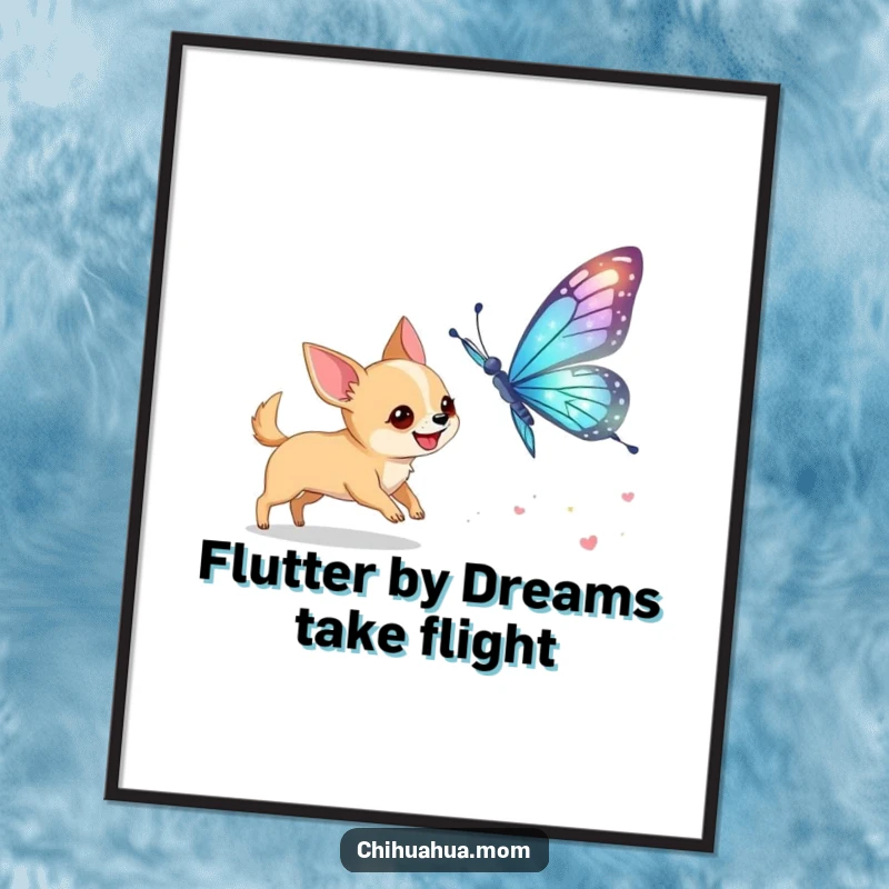 Funny Free Printable Wall Art: A chihuahua excitedly chases a giant, shimmering butterfly, capturing a moment of pure joy.
