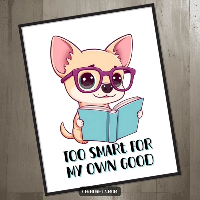 Funny Free Printable Wall Art of a chihuahua wearing oversized glasses, looking completely baffled by an open book.
