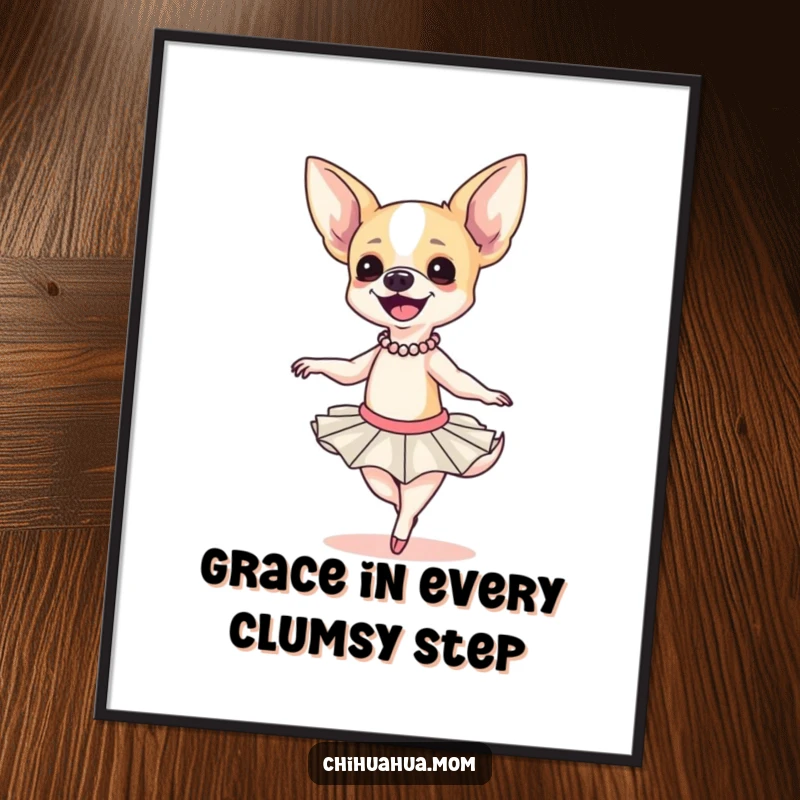 Funny Free Printable Wall Art: Chihuahua Ballerina Mid-Clumsy Twirl, Tutu Flying, Grinning Wide