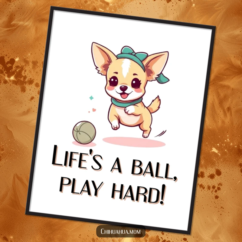 Funny Free Printable Wall Art: Energetic Kawaii chihuahua lady actively chasing a rolling ball, full of fun.