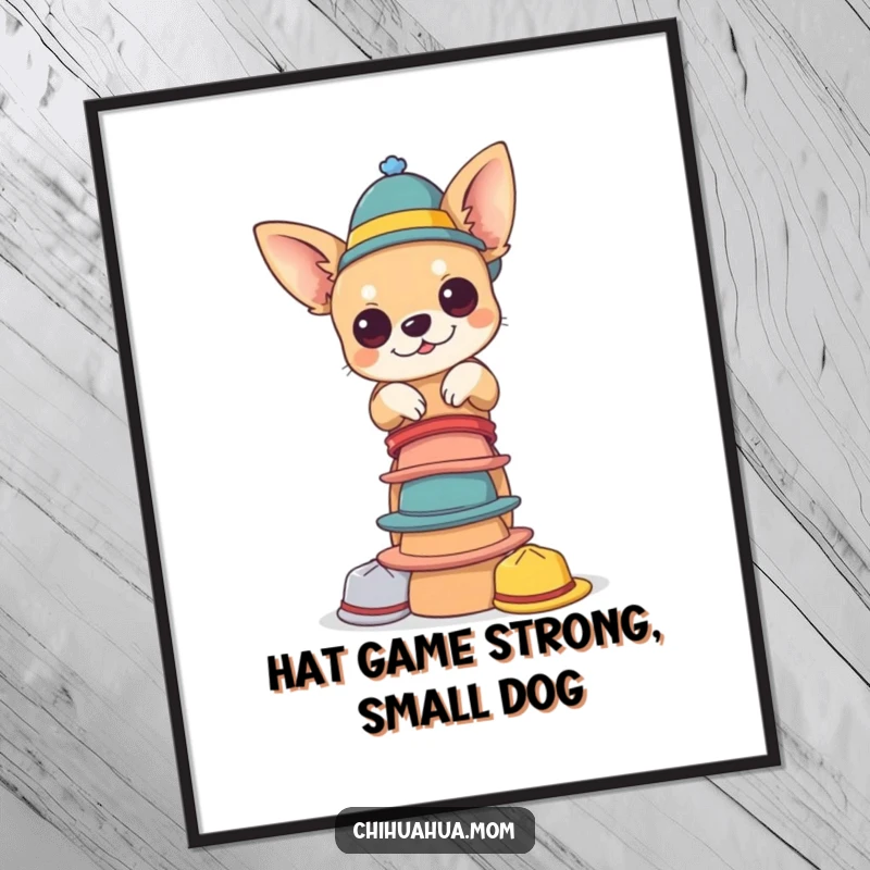 Funny free printable wall art of a chihuahua joyfully balancing an impressive pile of colorful tiny hats.
