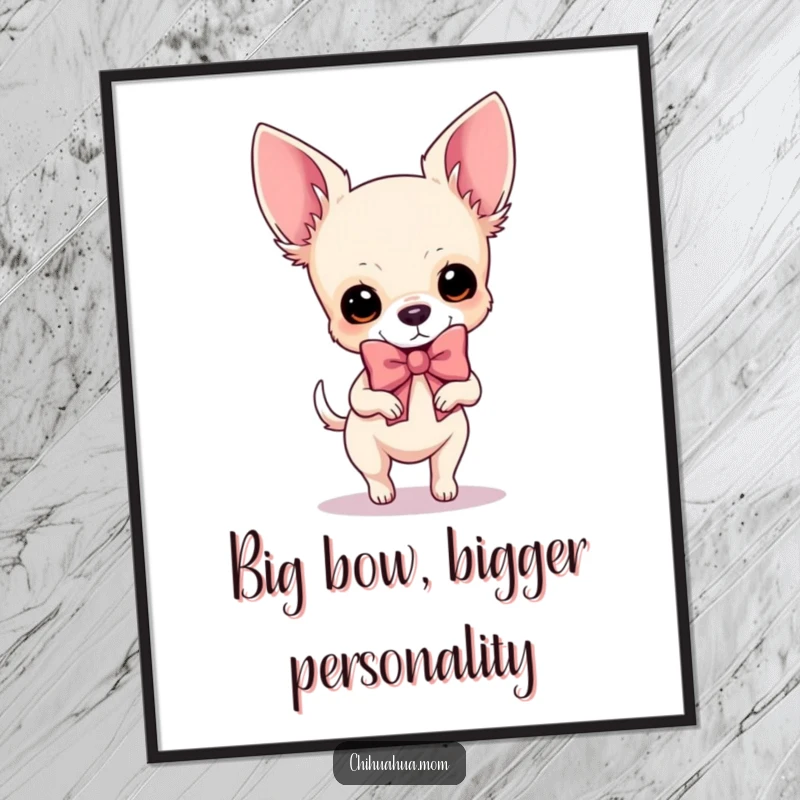 Funny Free Printable Wall Art: Chihuahua prancing with a ridiculously large bow, humorous dog fashion art.