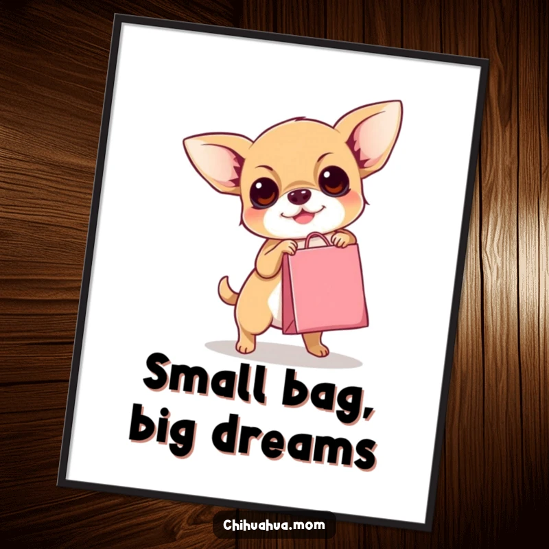 Funny Free Printable Wall Art: Chihuahua comically struggling with a tiny shopping bag, humorous dog art.
