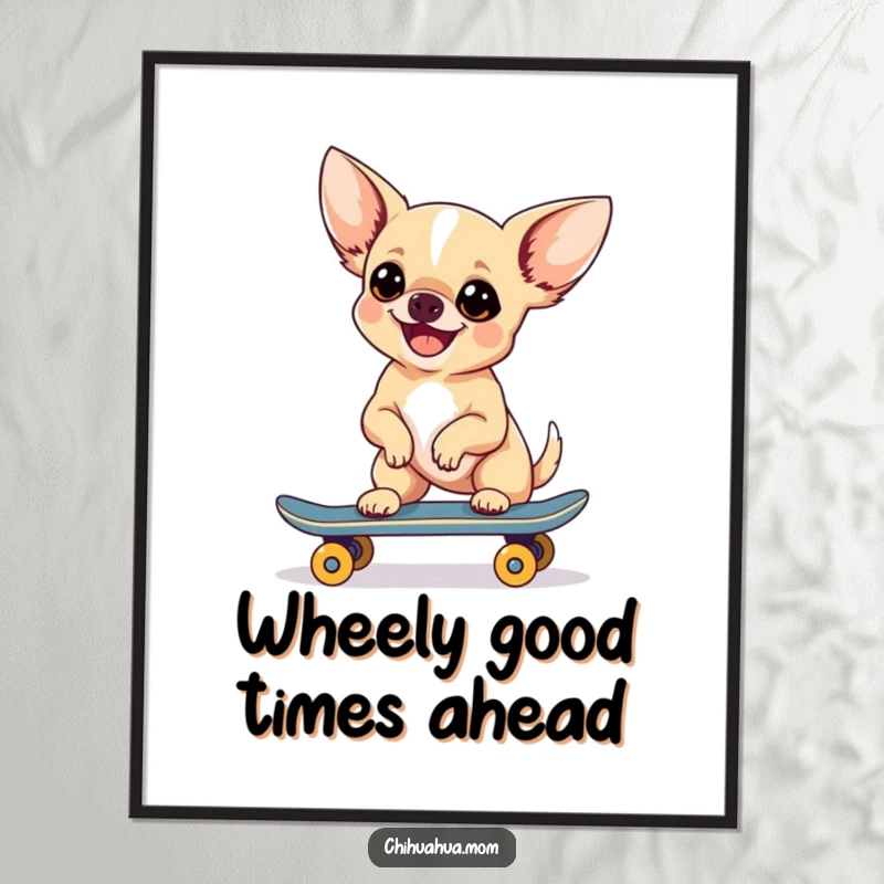 Funny Free Printable Wall Art: Chihuahua confidently riding a miniature skateboard, cool vibes, street art style, download.