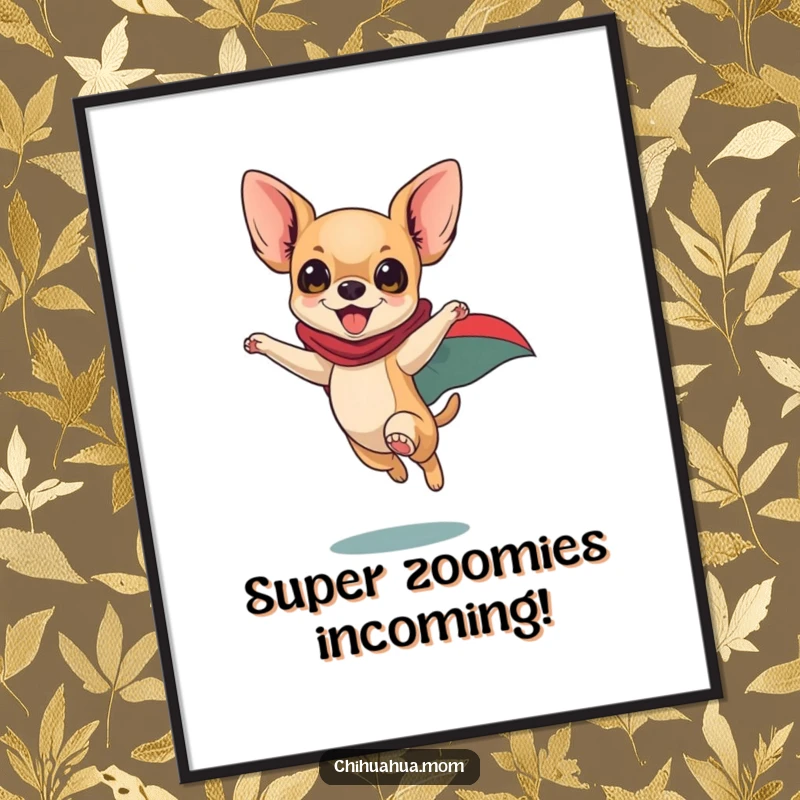 Funny Free Printable Wall Art: Playful Chihuahua in Cape Leaping, Superhero Dog, Energetic Action Art