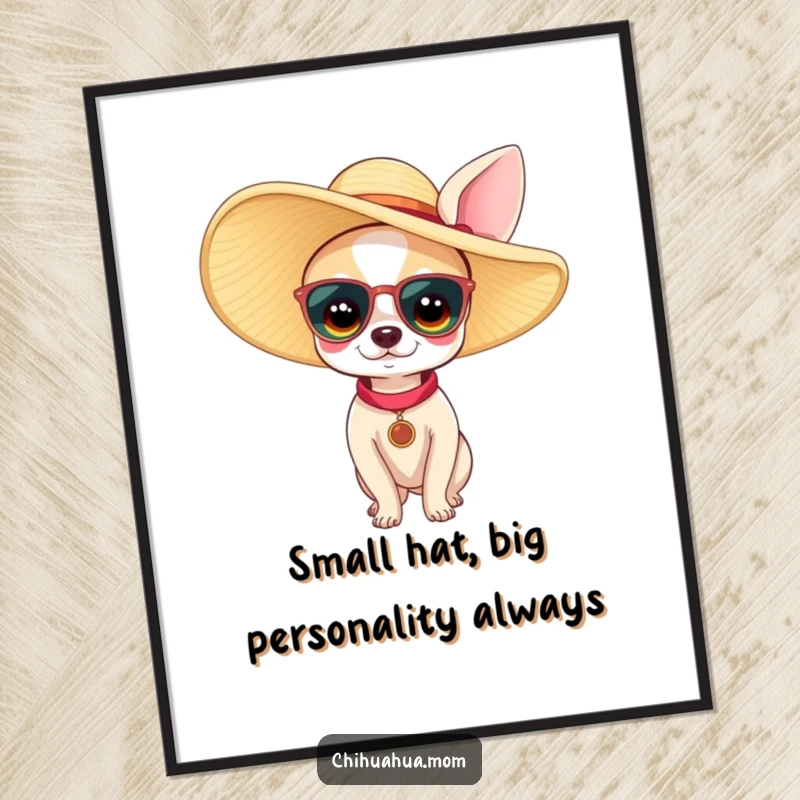 Funny free printable wall art: a tiny chihuahua woman looks absolutely chic wearing a large, fashionable sun hat.