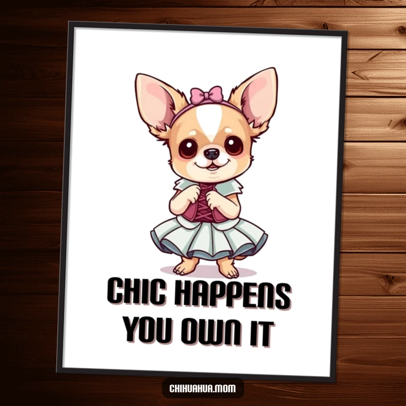 Funny Free Printable Wall Art: Tiny chihuahua in a fancy dress poses dramatically, adding humor to your decor.