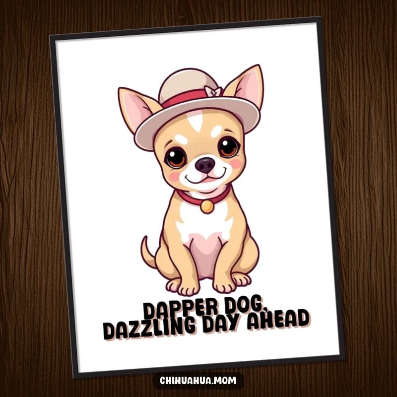 Funny Free Printable Wall Art: A proud chihuahua is dressed in a tiny, elegant hat, posing stylishly for downloadable art.