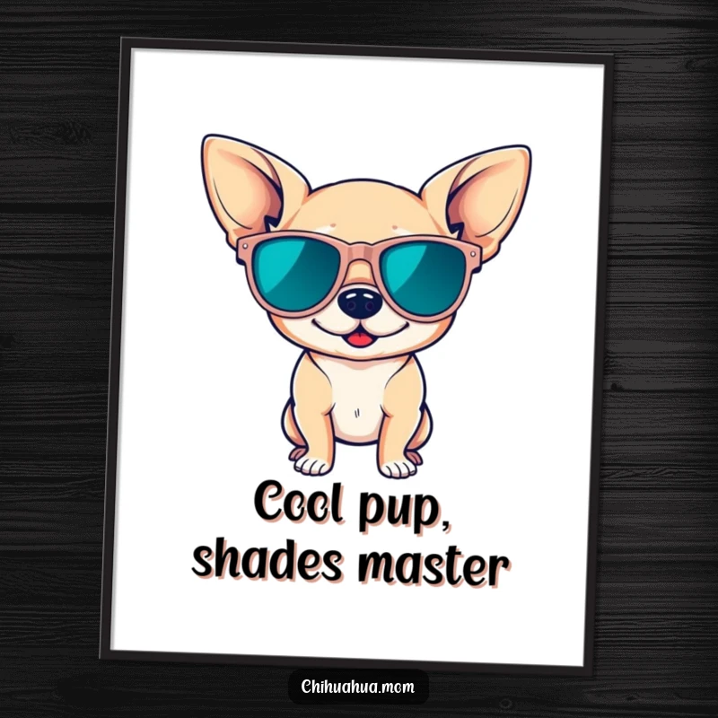 Funny Free Printable Wall Art: Cute chihuahua wearing oversized sunglasses, striking a confident pose, stylish downloadable decor.