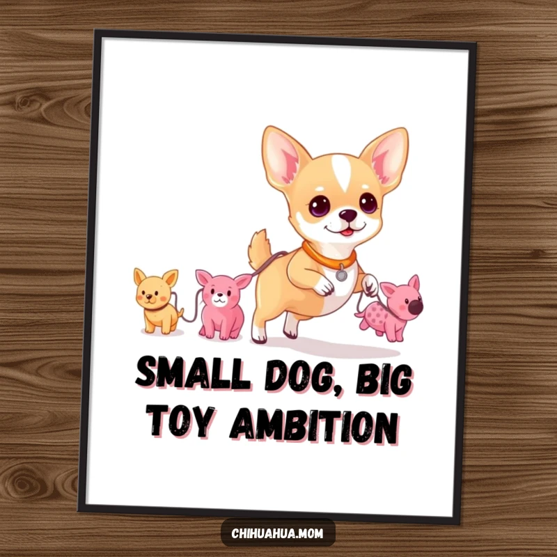 Funny Free Printable Wall Art: Chihuahua walking a string of tiny plush toys, humorous downloadable art for any room.