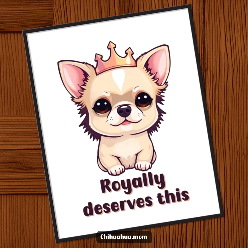 Free Printable Wall Art: A tiny, impeccably groomed chihuahua sits proudly wearing a miniature, glittering crown.