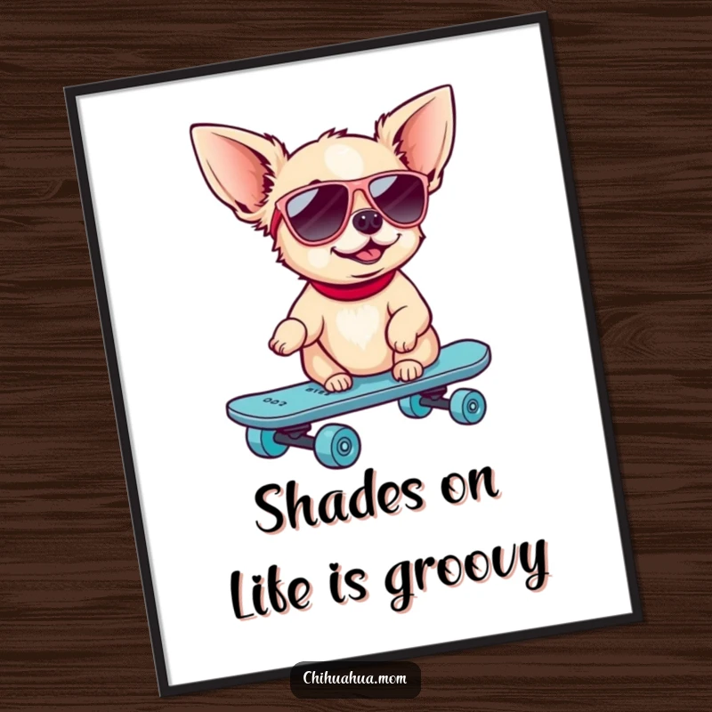 Funny Free Printable Wall Art: A chihuahua wearing sunglasses shreds on a miniature skateboard, adding cool vibes.