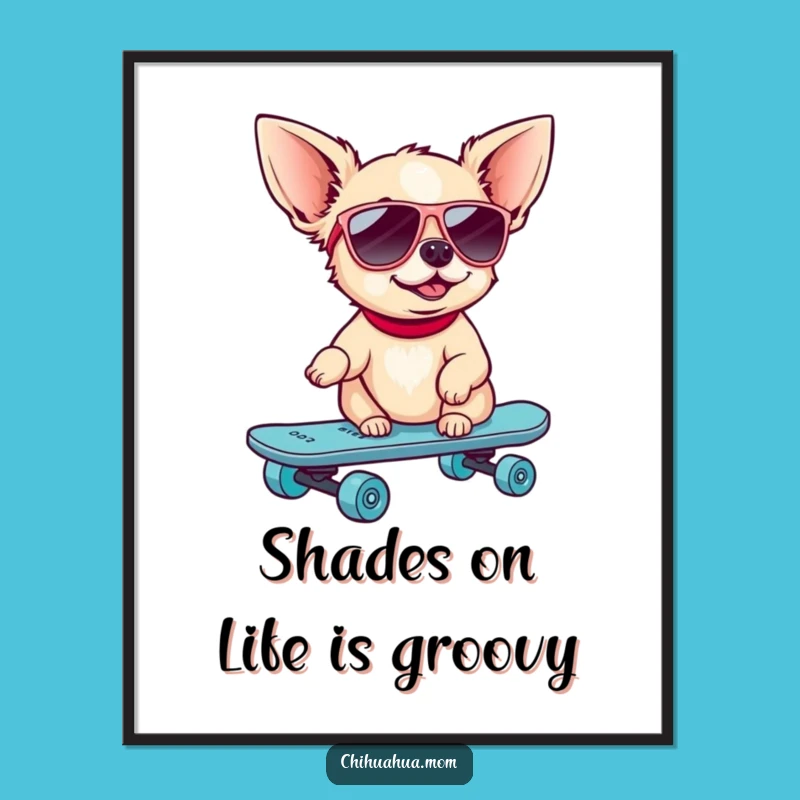 Add some edge to your decor with this free printable wall art of a chihuahua on a skateboard, convenient to print at home.