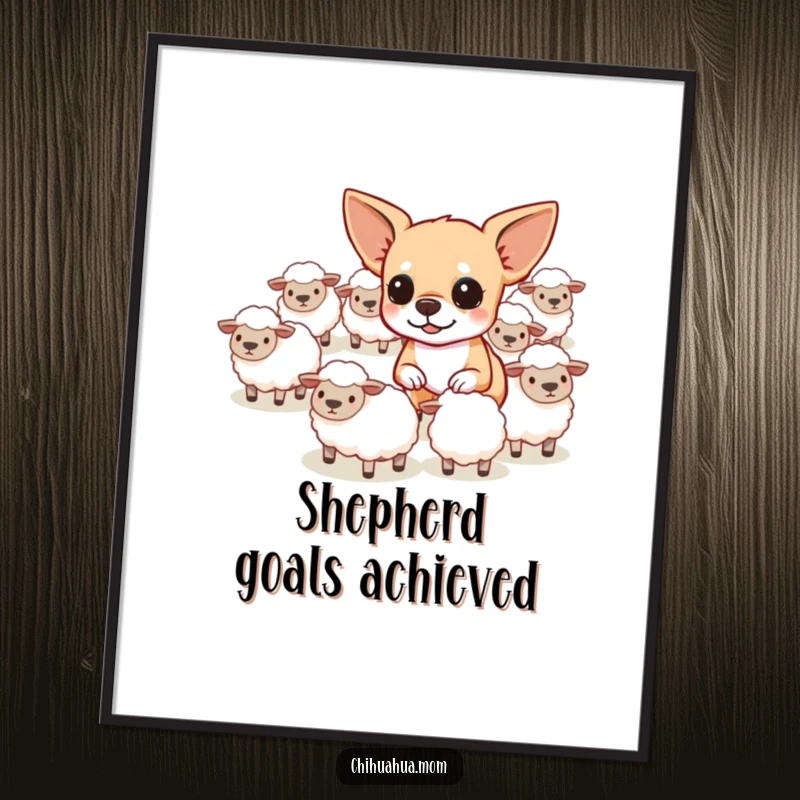 Funny Free Printable Wall Art: Determined chihuahua herding tiny sheep, a hilarious and unique piece of downloadable art.