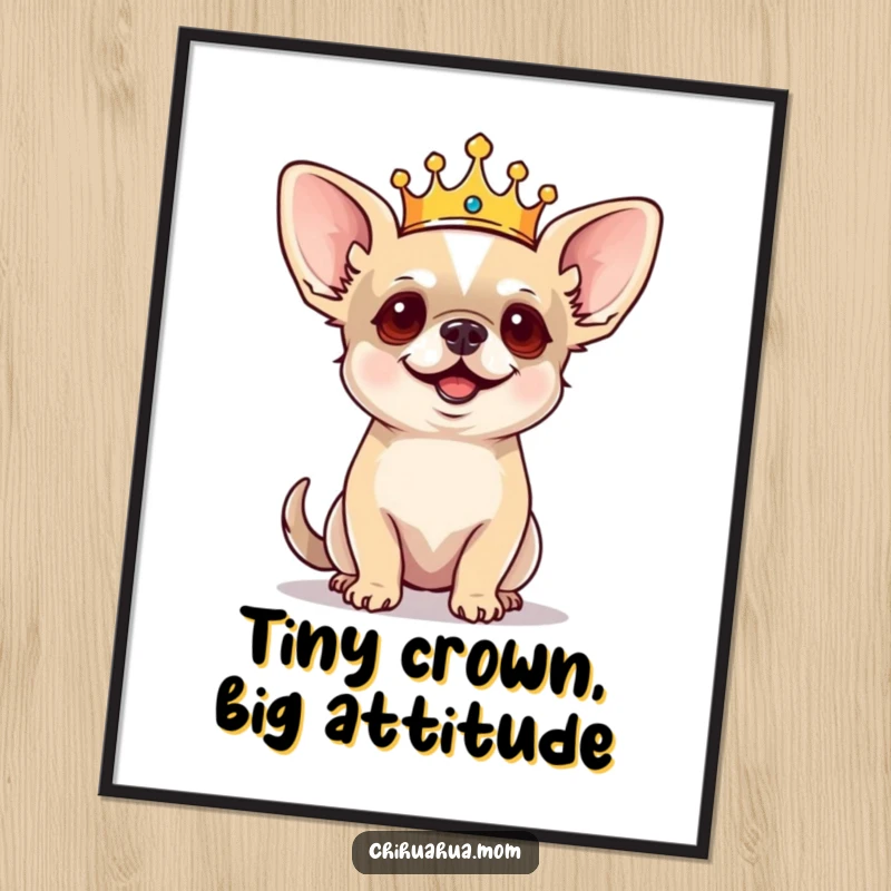 Funny Free Printable Wall Art: Tiny Chihuahua in Crown Barks Orders, Regal Dog, Majestic Canine Poster