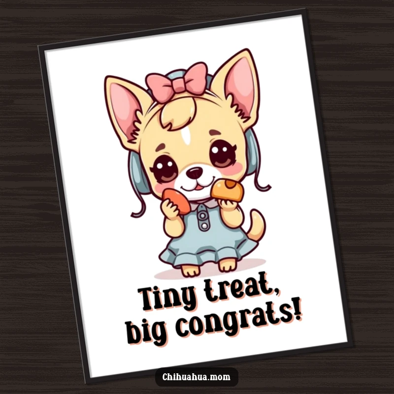 Funny Free Printable Wall Art: A cute Kawaii chihuahua lady holds out a tiny, tempting treat.