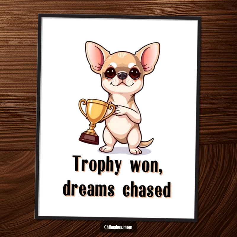 Funny Free Printable Wall Art: A determined chihuahua clutches a small trophy, exuding pride and playful accomplishment.