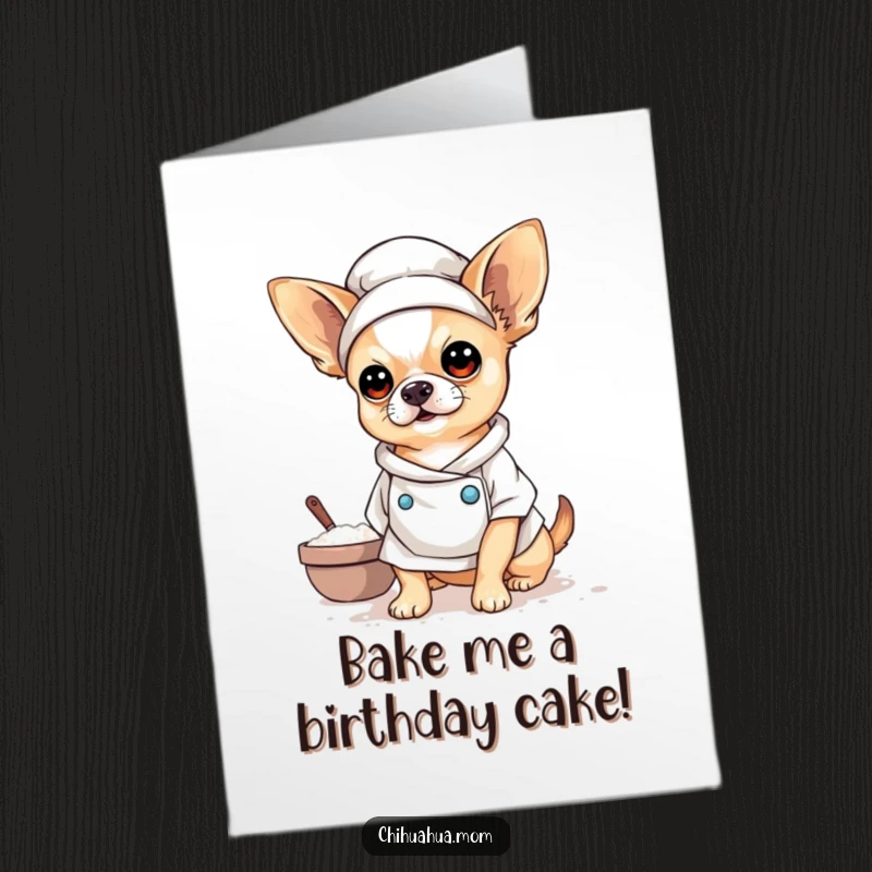Funny Free Printable Birthday Card: Chihuahua dressed as a baker, covered in flour, looking delightfully messy.