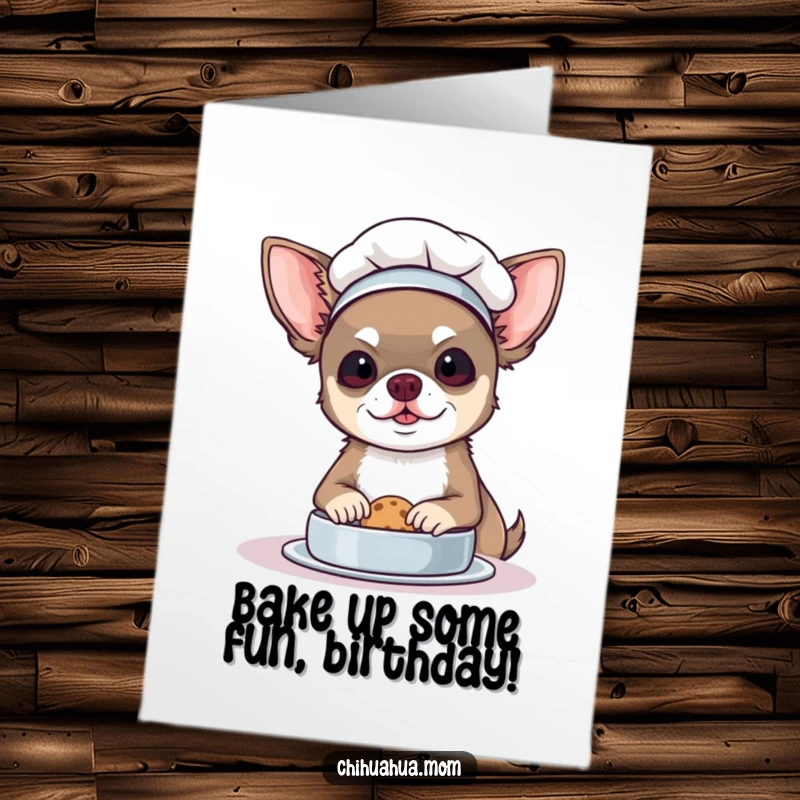 Funny Free Printable Birthday Card: A chihuahua wearing a chef hat carefully attempts to bake a tiny cookie with concentration.