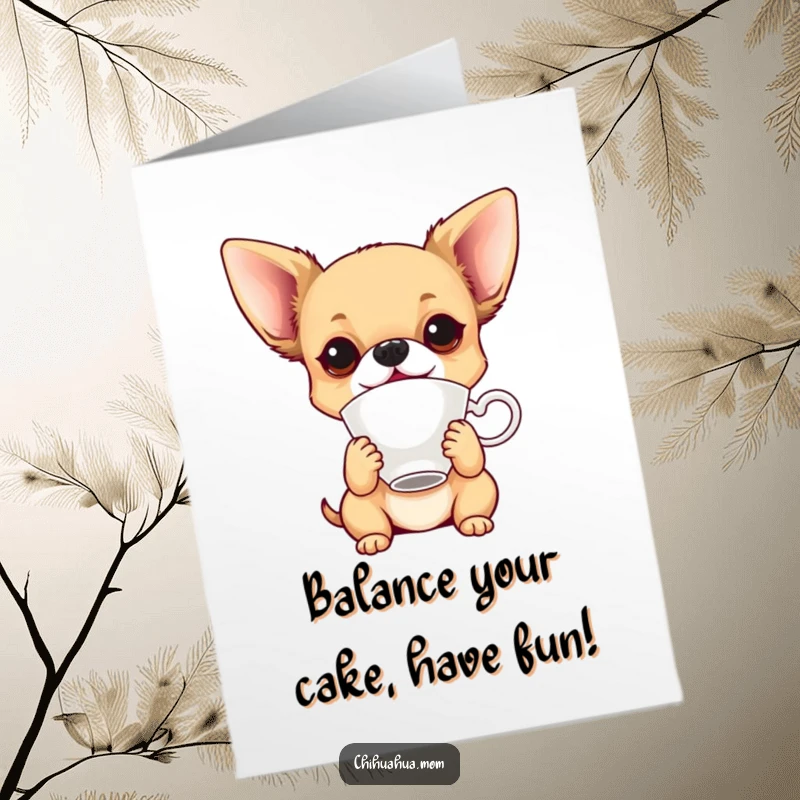 Funny Free Printable Birthday Card: Playful chihuahua perfectly balancing a teacup on its nose, a charming trick.