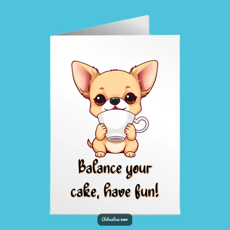 Free Printable Funny Birthday Card: Balancing Chihuahua Teacup Trick
