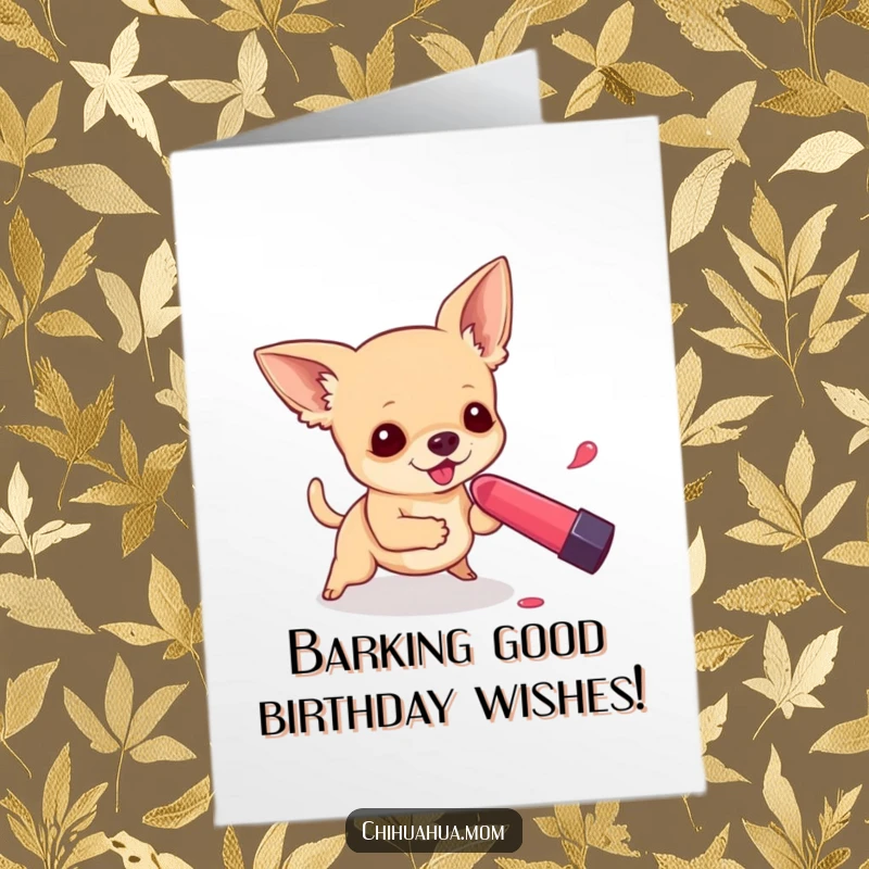 Funny Free Printable Birthday Card: A tiny chihuahua excitedly chases a rolling lipstick tube, a downloadable burst of energy.