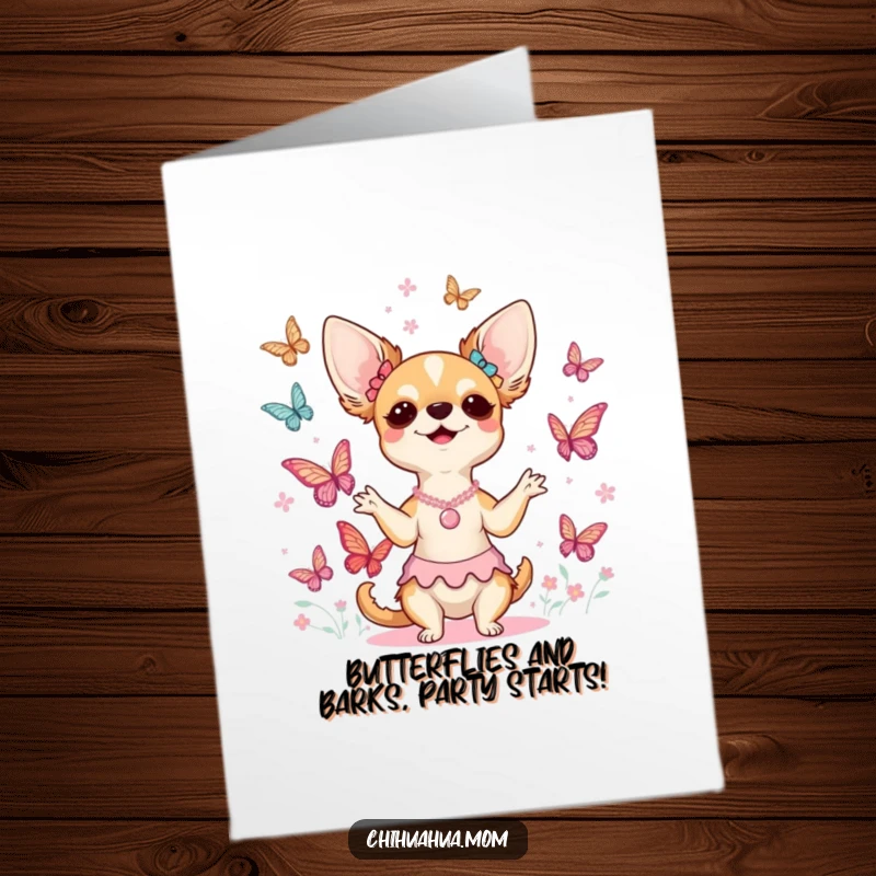 Funny Free Printable Birthday Card: Chihuahua joyfully leads a butterfly choir, spreading musical cheer.