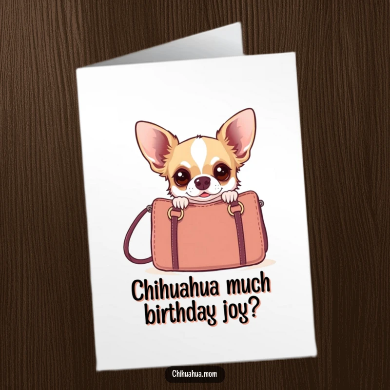 Funny Free Printable Birthday Card: Startled chihuahua peeking from a designer handbag, perfect for a dog mom's special day.