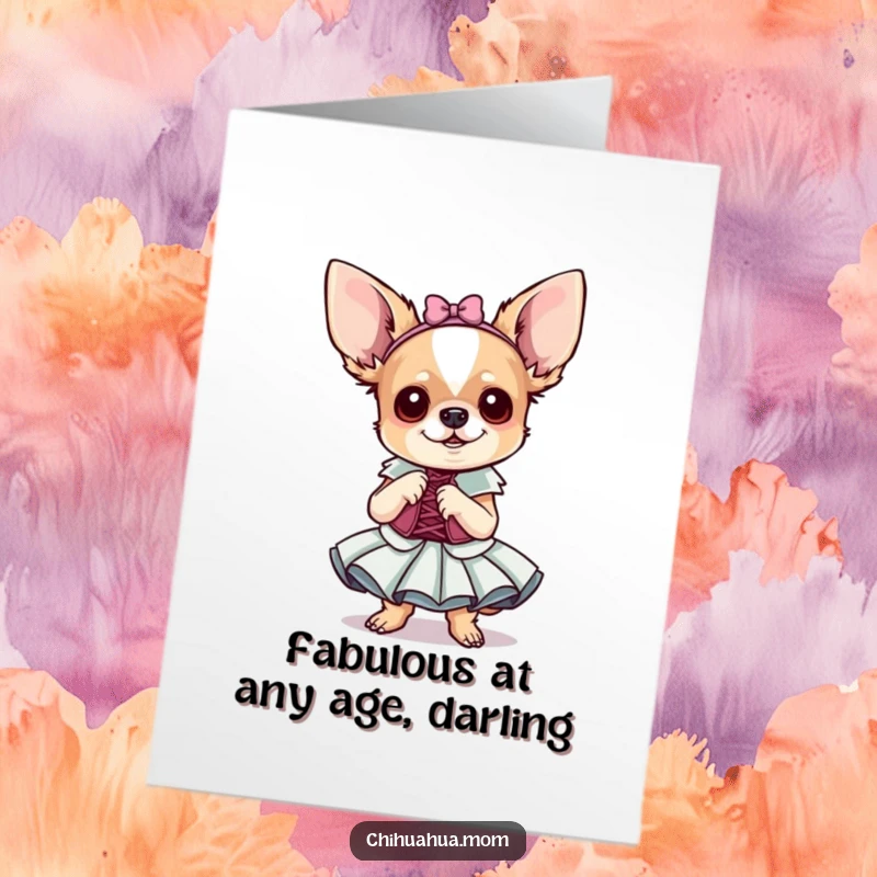 Funny Free Printable Birthday Card: Tiny chihuahua in an elegant dress strikes a dramatic pose, ready to celebrate.