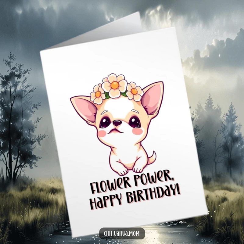 Funny Free Printable Birthday Card shows a sweet chihuahua adorned with a flower crown, gazing upwards with hopeful, festive spirit.