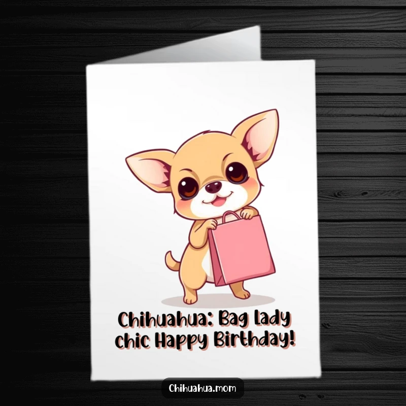 Funny Free Printable Birthday Card: Chihuahua struggling with a tiny shopping bag, hilarious dog owner gift.