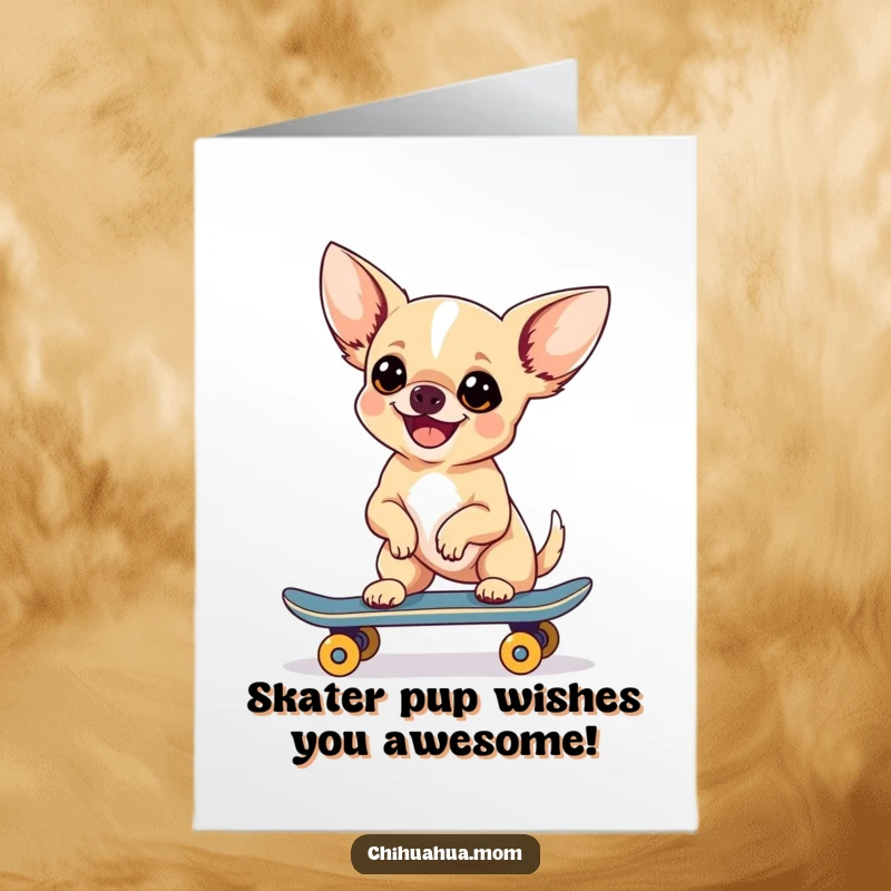 Funny Free Printable Birthday Card: Chihuahua shredding on a mini skateboard, pure joy, ready to party, downloadable.
