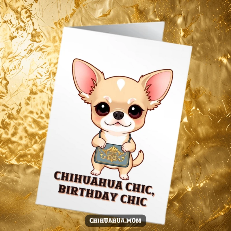 Funny free printable birthday card: Fashionable chihuahua with a handbag, looking determined to party.