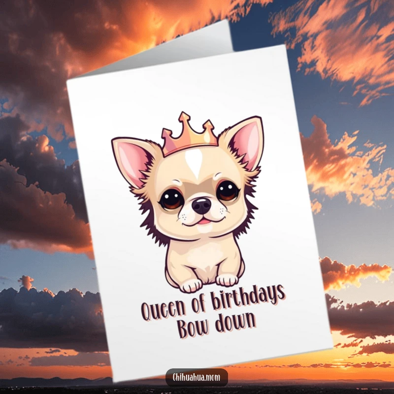 Funny Free Printable Birthday Card: A tiny chihuahua sits regally, sporting a miniature golden crown with a proud expression.