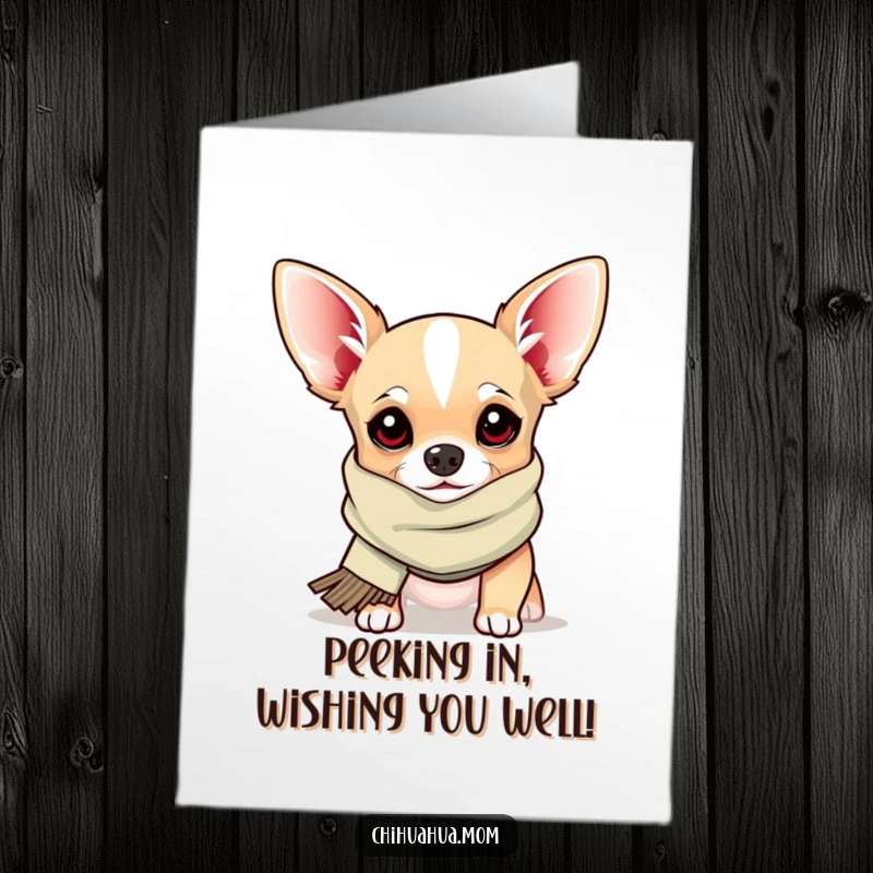Funny Free Printable Birthday Card: A chihuahua wearing a brightly colored silly scarf peeks out playfully, looking mischievous.
