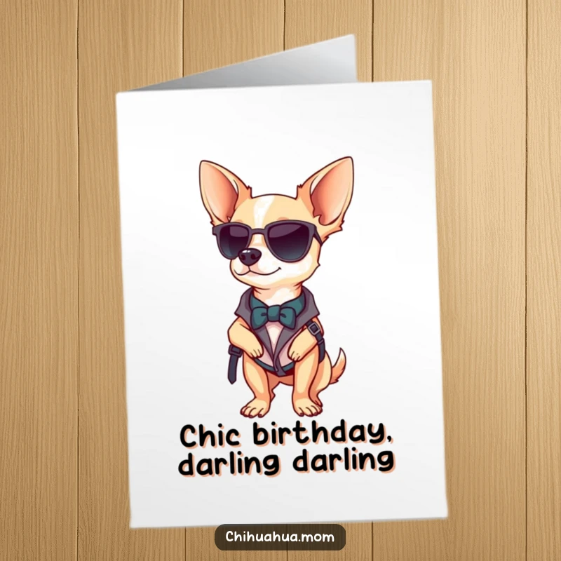 Funny Free Printable Birthday Card: A confident chihuahua poses elegantly, sporting a fashionable accessory like sunglasses or a scarf.