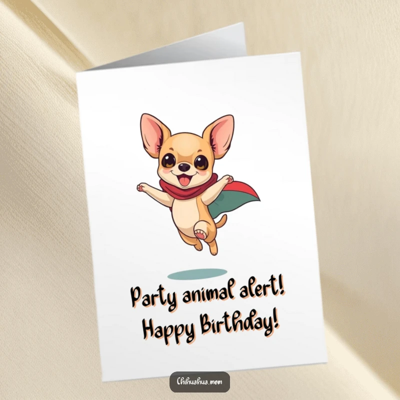 Funny Free Printable Birthday Card: Playful Chihuahua in Cape Leaps Heroically, Energetic Dog Art
