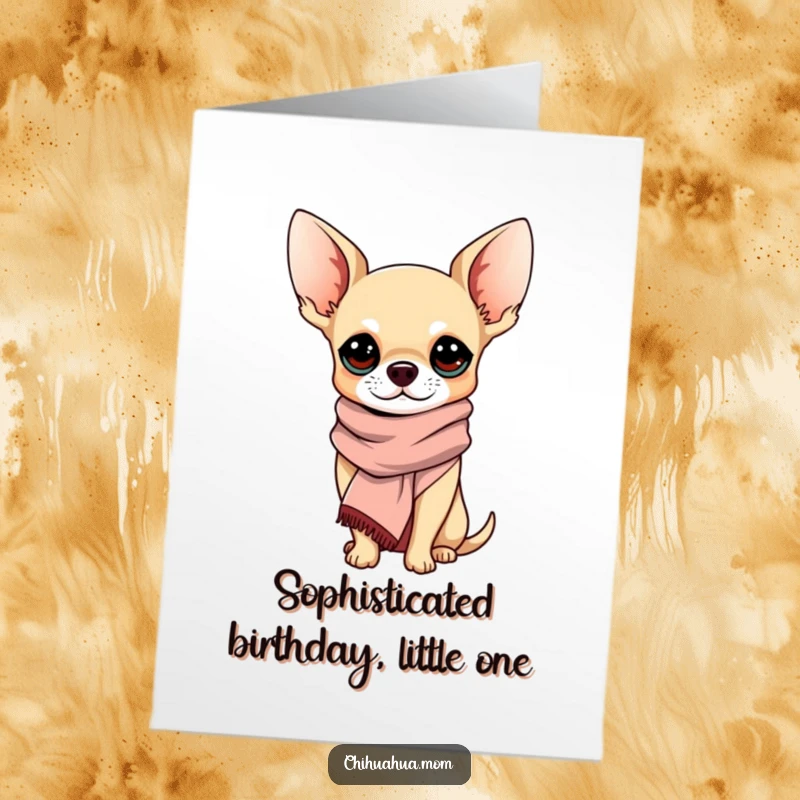 Funny Free Printable Birthday Card featuring a sophisticated chihuahua wearing a chic scarf, exuding an air of refined humor.