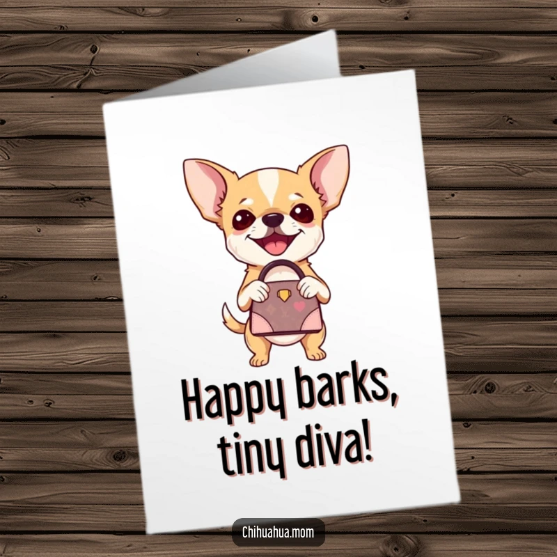 Funny Free Printable Birthday Card featuring a chihuahua joyfully holding a miniature designer handbag, stepping out in style.