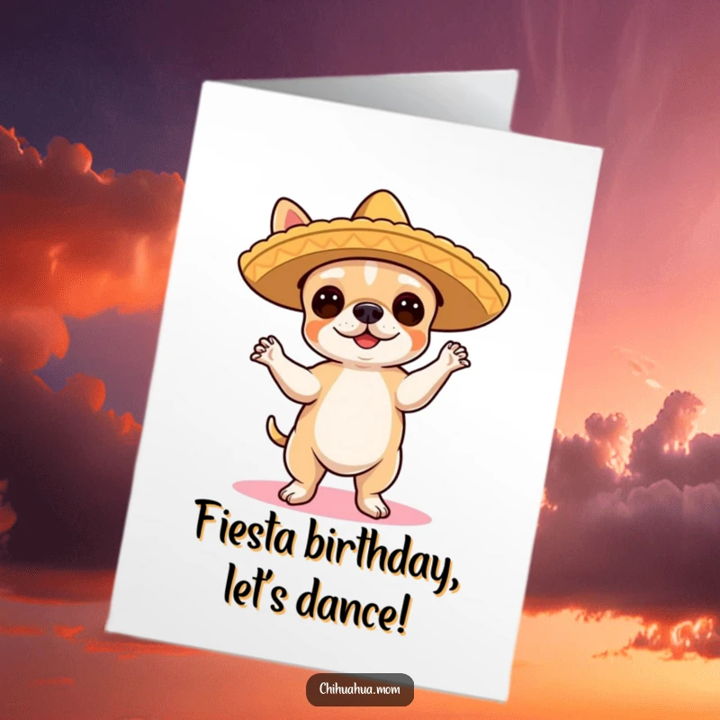 Funny Free Printable Chihuahua Flamenco Birthday Card: Cute chihuahua in sombrero dancing flamenco, ready to party.