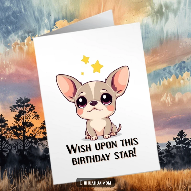 Funny Free Printable Chihuahua Card: Adorable dog with big eyes gazing at a falling star, perfect for birthday wishes.
