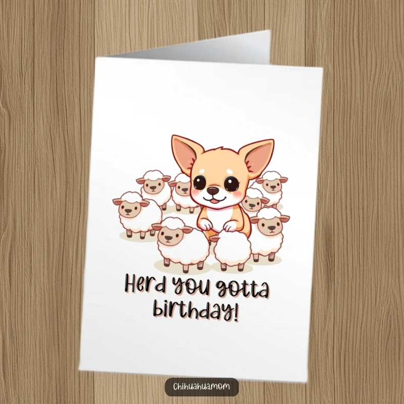 Funny Free Printable Birthday Card: Determined chihuahua bossing around tiny sheep, a hilarious birthday scene.
