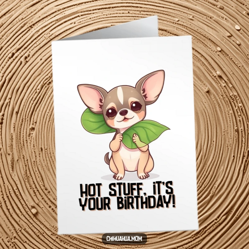 Funny Free Printable Birthday Card: Tiny chihuahua dramatically fanning itself with a large leaf, looking incredibly hot and bothered.