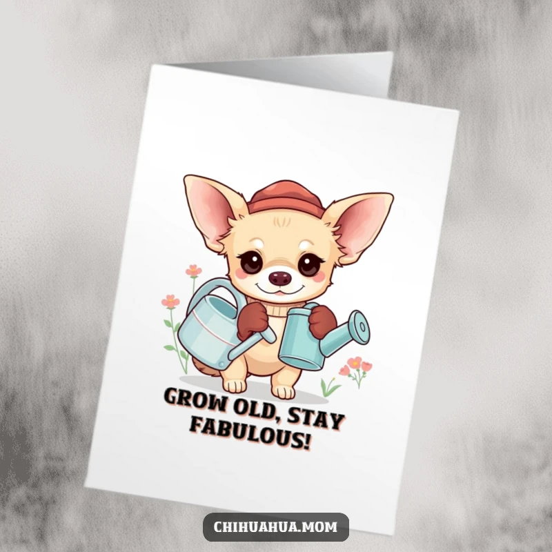 Funny Free Printable Birthday Card: Chihuahua in Big Gloves Watering a Tiny Plant