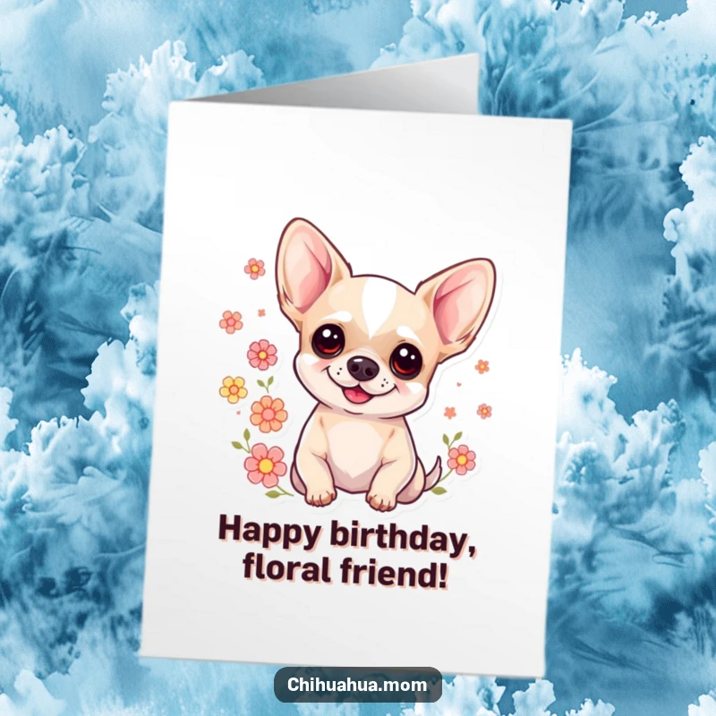 Funny free printable birthday card: A cheerful chihuahua surrounded by floating flowers, spreading birthday cheer.