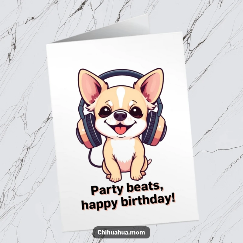 Funny Free Printable Birthday Card: A chihuahua gleefully wears large headphones, enjoying music with closed eyes and a happy expression.